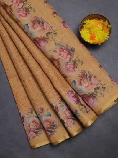 Mustard Yellow Floral Printed Linen Cotton Saree
